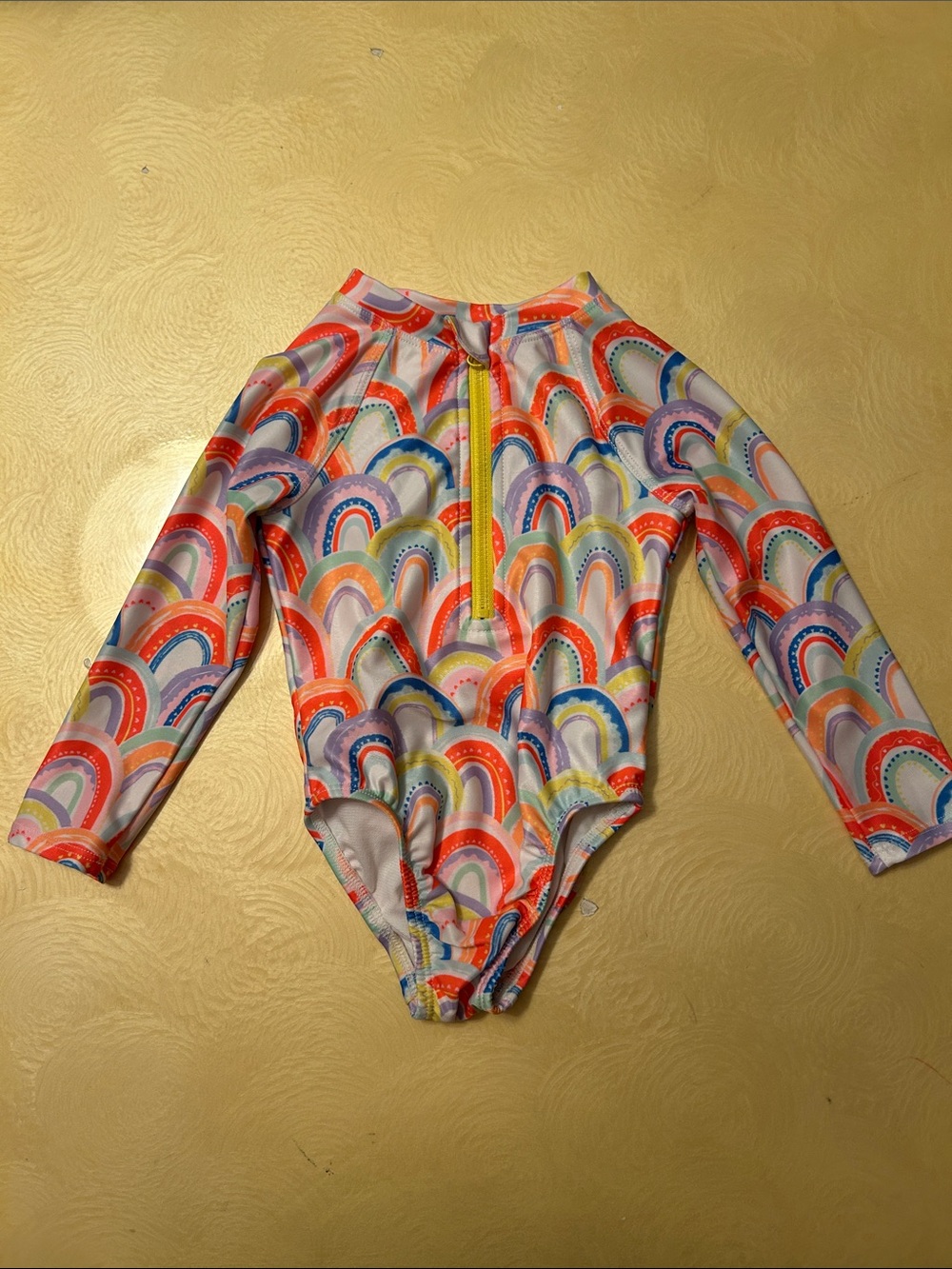 wonder nation Girls' Long-Sleeve Rainbow One-Piece Swimsuit with Yellow Zip